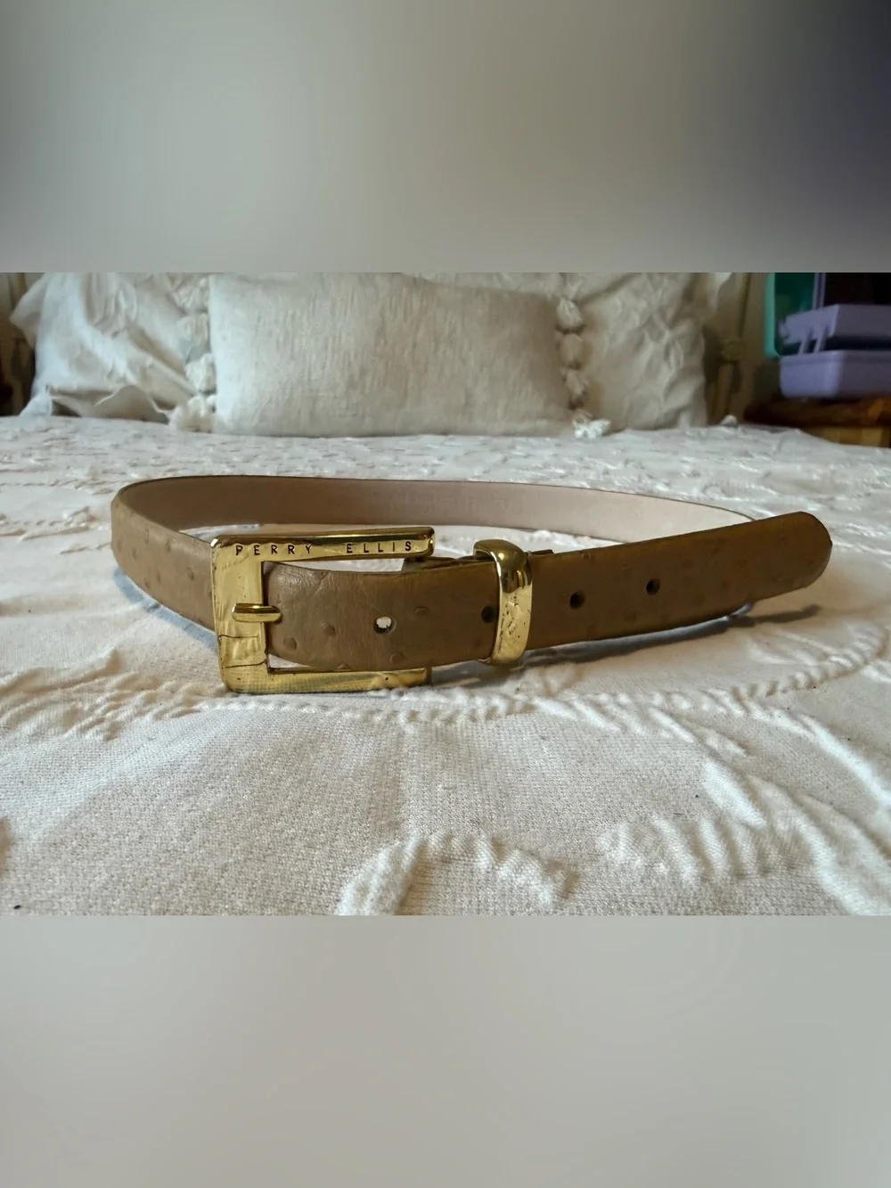 Perry Ellis Women’s Tan Ostrich Embossed Leather Belt Gold Buckle M